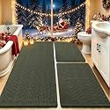 IM HOME Waffle Bath Mat Set 3 Piece, Boho Woven Modern Bath Rug Absorbent Non Slip, Soft Bathroom Mats, Machine Washable Knit Bath Rugs with Herringbones for Bathroom, Bedroom, Kitchen, Dark Green