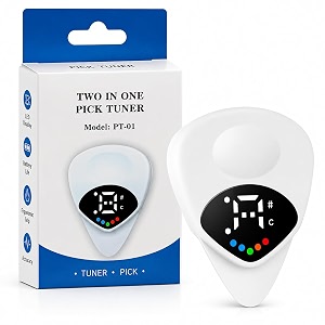 imaginea 2-in-1 guitar pick tuner with led display chromatic digital guitar tuner ergonomic pick-shaped design cr2016 battery included portable tuner for acoustic electric amp bass guitar
