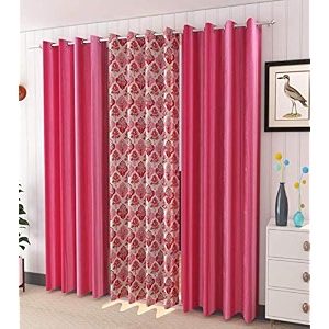 curtains polyester tree printed set of 3 pcs pink1tree2plain size for extra long door 4 feet x 10 feet