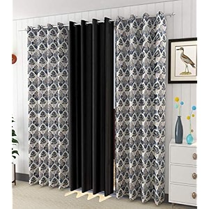 curtains polyester tree printed set of 3 pcs black1tree2plain size for extra long door 4 feet x 10 feet