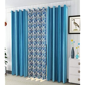 polyester polyester blend printed curtain long door - 8 ft aqua blue pack of 3