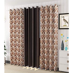 polyester polyester blend printed curtain long door - 9 ft brown pack of 3