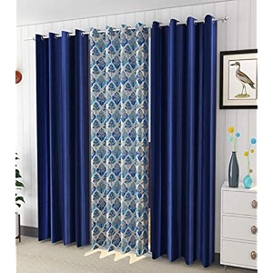 impression hut polyester tree printed curtains for door set of 3 pcs - 1tree 2plain blue 4 feet x 8 feet