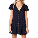 Imysty Womens Summer Polka Dot V Neck Button Down Loose Mini Dress