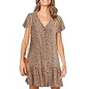 Imysty Womens Summer Polka Dot V Neck Button Down Loose Mini Dress