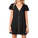 Imysty Womens Summer Polka Dot V Neck Button Down Loose Mini Dress