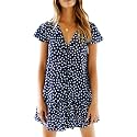Imysty Womens Summer Polka Dot V Neck Button Down Loose Mini Dress