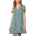 Imysty Womens Summer Polka Dot V Neck Button Down Loose Mini Dress