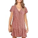 Imysty Womens Summer Polka Dot V Neck Button Down Loose Mini Dress