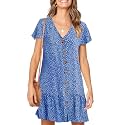 Imysty Womens Summer Polka Dot V Neck Button Down Loose Mini Dress