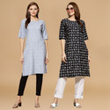 INAIA Ikat Crepe Straight Kurta for Women (Black, White, Light Blue)