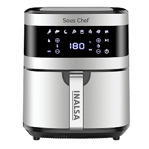 inalsa stainless steel air fryer digital 65 l  8 preset programs with 1650 wattvariable temperature control amp auto shake reminderfree recipe book2 yr warrantyblacksilver-sous chef
