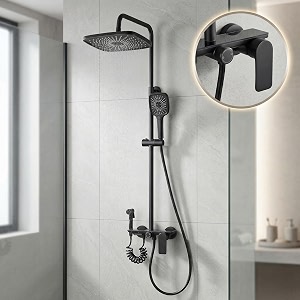 inart brass wall mount shower set 4-function mixer shower system with hand shower overhead shower and jet spray for bathrooms black color
