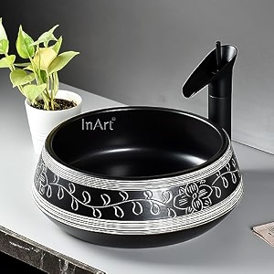 inart ceramic round modern table top wash basin design 42 x 42 cm black matt dw267