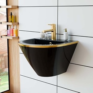 inart ceramic wall hung half pedestal wash basin  elegant wall mount bathroom sink for bathroom amp living room 53 x 44 x 39 cm black gold line
