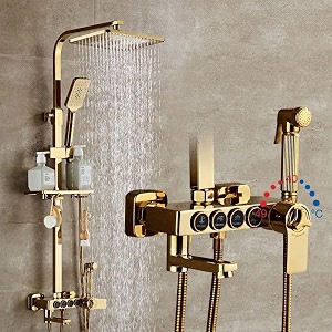 inart gold thermostatic rainfall amp waterfall shower panel set wall mounted brass construction digital display 4-function hand shower elegant designgold 1