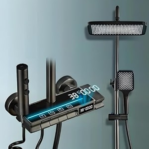 inart led thermostatic shower panel - matte black rainfall mixer easy wall-mount single lever versatile modes for modern bathrooms