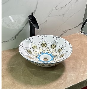 inart mexican ceramic round modern table top wash basin design 405 x 405 cm blue yellow mexican design