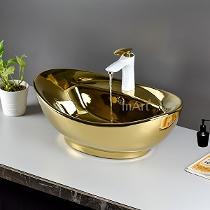 inart gold ceramic table top washbasin for bathroom glossy oval counter top wash basin 59 x 39 x 21 cm