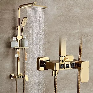 inart brass rainfall shower panel faucets set wall mounted rain shower faucet with rack bath wall mixer tap hot cold with hand shower gold gold
