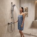 InArt Thermostatic Shower Set for Bathroom, Wall Mounted Shower Mixer with 3-Flow Hand Shower, Adjustable Slide Rail, 1.5 m Hose, Push Button Control, Premium Gun Grey Finish