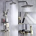 InArt Shower Panel Mixer Tap | Rainfall &amp; Handheld Wand | Matte Black Gold | Brass | Easy DIY Install | Modern Design for Bathrooms (Black 5)