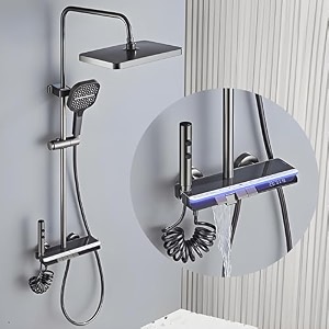 inart solid brass circular shower panel set 4 functions digital temperature display thermostatic hand shower overhead shower spout health faucet black