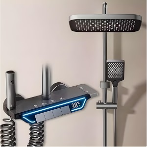 inart solid brass shower panel set digital temperature display 4 functions handheld shower overhead rainshower spout health faucet black