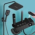 InArt Thermostatic LED Rainfall Shower Panel - Matte Black Faucet Set with Wall Mixer, Diverter, Rack, Hot &amp; Cold Hand Shower (Black)