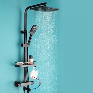 inart thermostatic rainfall shower panel set with hand shower wall mounted mixer tap in black matt black 4