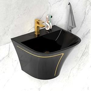 inart wall hung ceramic wash basin with half pedestal 20 x 18 slim rim bathroom vessel sink black glossy finish