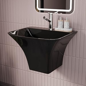 inart wall hung premium ceramic wash basinvessel sink with slim rim for bathroom 19 x 17 x 13 inch half pedestal black polished finish