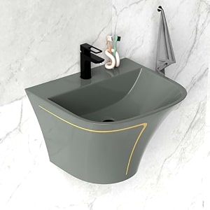 inart wall hung premium ceramic wash basinvessel sink with slim rim for bathroom 20 x 18 half pedestal grey glossy finish