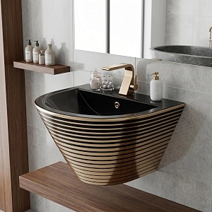 inart ceramic wall hung half pedestal wash basin  elegant wall mount bathroom sink for bathroom amp living room 53 x 44 x 39 cm black gold stripes