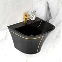 InArt Wall Hung Ceramic Wash Basin with Half Pedestal, 20 x 18 Slim Rim Bathroom Vessel Sink, Black Glossy Finish