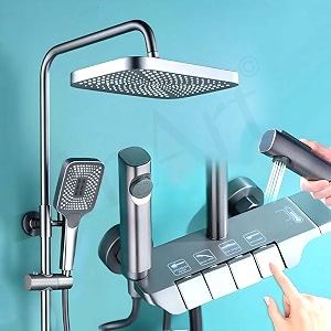 inart wall mixer shower panel ss304 stainless steel thermostatic multi-mode rainfall amp waterfall gun grey finish easy install complete set gun grey 1