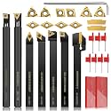 Indexable Lathe Turning Tool 21Pcs Kit 3/8'' 10mm Shank 7Pcs Metal Lathe Tools Holder Set with 14Pcs Turning Inserts for Turning Grooving Threading Boring Carbide Inserts Carbide Turning Tool
