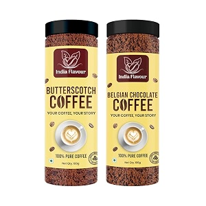 india flavour butterscotch coffee and instant belgian chocolate coffee by  50 cups in 100g  hot amp cold  instant agglomerated coffee powder 100g pack of 2