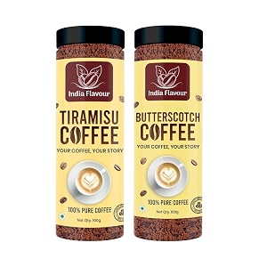 india flavour instant tiramisu coffee and butterscotch coffee by  exotic instant coffee powder no chicory  100 gm pack of 2