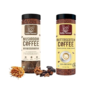 india flavour mushroom and butterscotch coffee by  exotic instant coffee powder no chicory  100 gm pack of 2