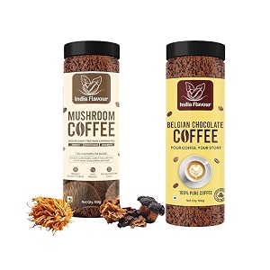 india flavour mushroom and instant belgian chocolate coffee by  50 cups in 100g  hot amp cold  instant agglomerated coffee powder 100g pack of 2