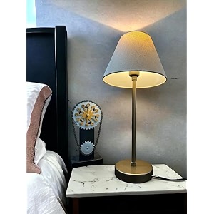 modern brass antique table lamp  12 inch height decorative bedside lamp with off-white fabric shade  elegant vintage-inspired brass finish table light for living room bedroom home amp office decor