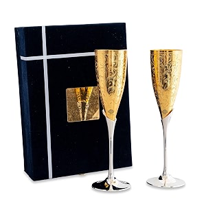 indian art villa set of 2 silver plated gold polish amp brass champange wine glass with blue box best for parties diwali gift set of 2 engraved silver amp gold glass with blue box capacity - 200 ml