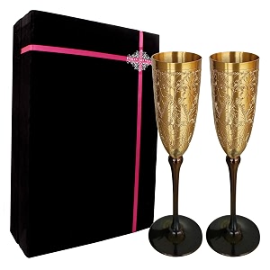 indian art villa brass matt finish embossed design flute champagne 2 glasses set with black velvet box volume - 200 ml
