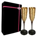 INDIAN ART VILLA Brass Matt Finish Embossed Design Flute Champagne 2 Glasses Set with Black Velvet Box, Volume - 200 ML
