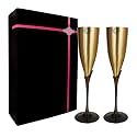 INDIAN ART VILLA Brass Matt Finish Plain Flute Champagne 2 Glasses Set with Black Velvet Box, Volume - 200 ML