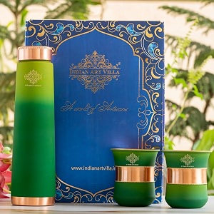 indian art villa copper bottle amp glass gift set - 800 ml water bottle amp 2 glasses 300 ml each - green pyramid ombre silk finish perfect for gifting amp everyday use