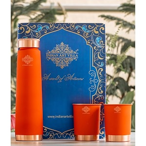 indian art villa copper bottle amp glass gift set - 800 ml water bottle amp 2 glasses 300 ml each - orange pyramid ombre silk finish perfect for gifting amp everyday use