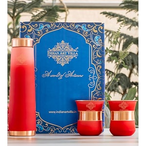 indian art villa copper bottle amp glass gift set - 800 ml water bottle amp 2 glasses 300 ml each - red pyramid ombre silk finish perfect for gifting amp everyday use