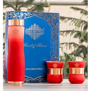 indian art villa copper bottle amp glass gift set - 950 ml water bottle amp 2 glasses 300 ml each - pure copper with pink ombre silk finish perfect for gifting amp everyday use